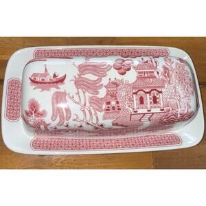 Churchill of England Pink Rosa Willow Covered Butter Dish with Lid Red 8”